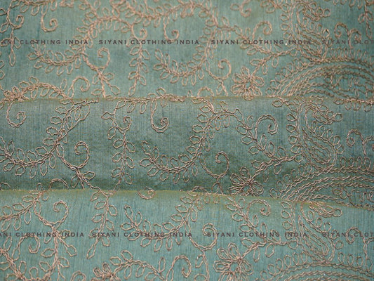 Sky Blue Thread Embroidered Silk Fabric - Siyani Clothing India