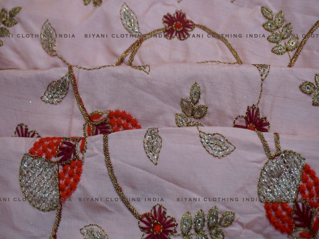Baby Pink Multicolor Gota And Thread Embroidered Silk Fabric - Siyani Clothing India