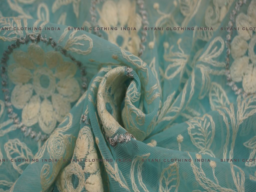 Siyani Sky Blue Sequins And Thread Embroidered Georgette Fabric