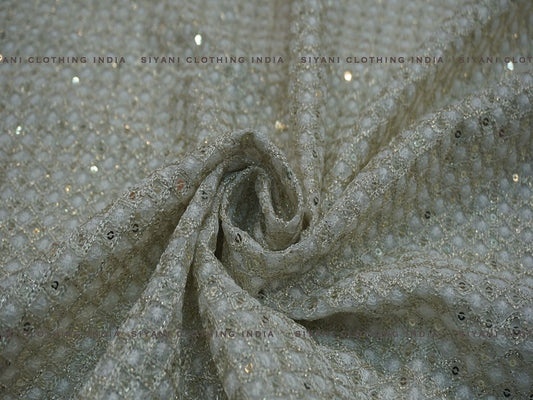 Siyani White Sequins And Thread Embroidered Silk Fabric