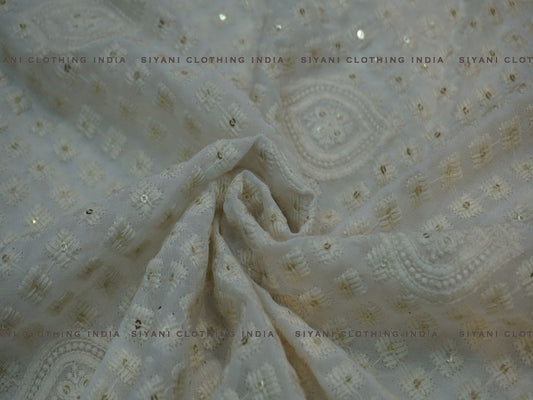 Siyani White Geomatric Pattern Thread Embroidered Silk Fabric