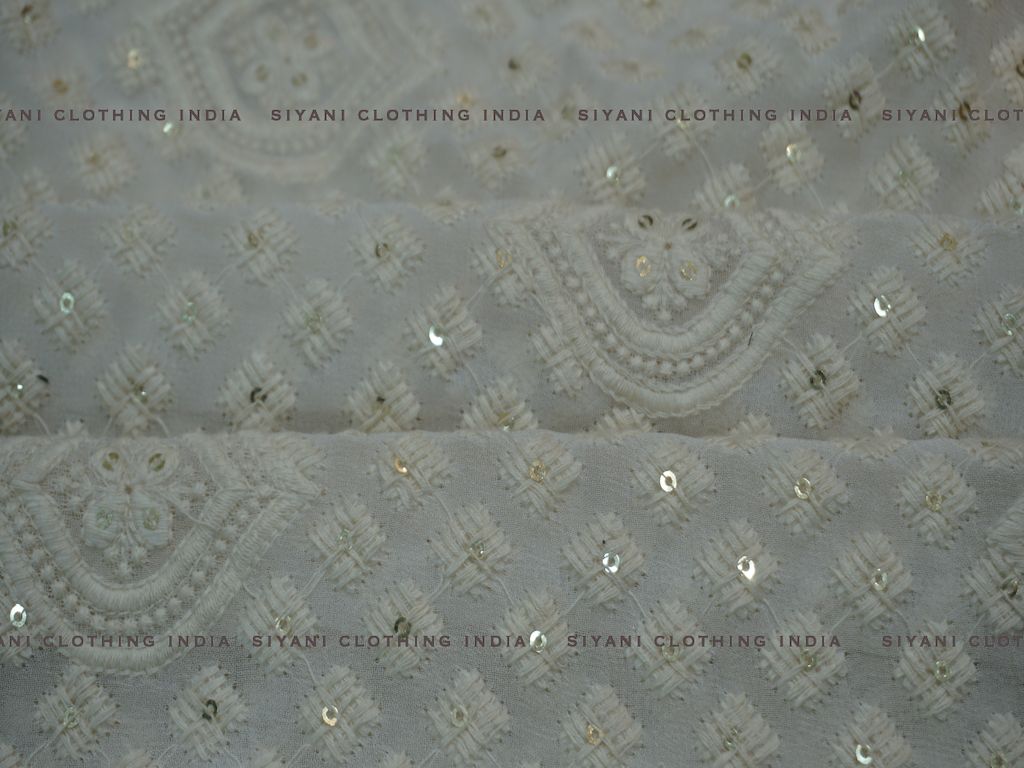 White Geomatric Pattern Thread Embroidered Silk Fabric - Siyani Clothing India