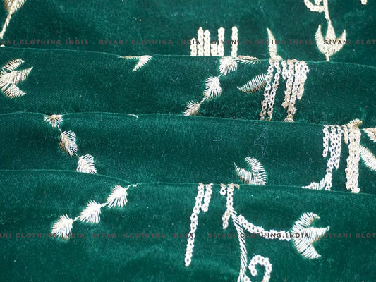 Green Sequins Floral Embroidered Velvet Fabric - Siyani Clothing India
