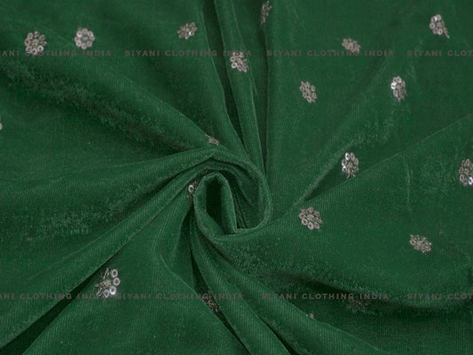 Siyani Dark Green Floral Boota Sequins Embroidered Velvet Fabric