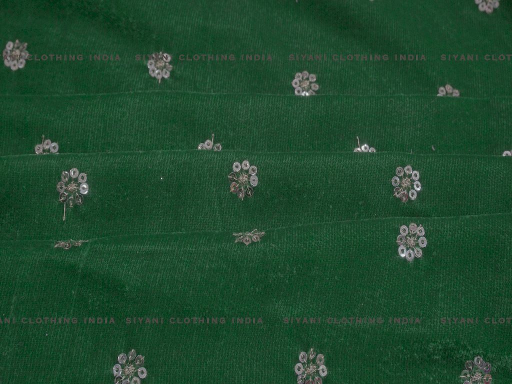 Dark Green Floral Boota Sequins Embroidered Velvet Fabric - Siyani Clothing India