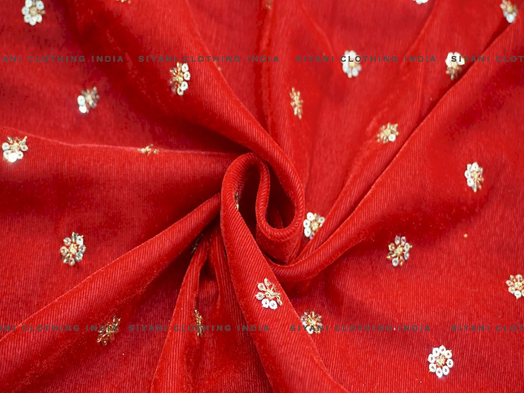 Siyani Red Floral Boota Sequins Embroidered Velvet Fabric
