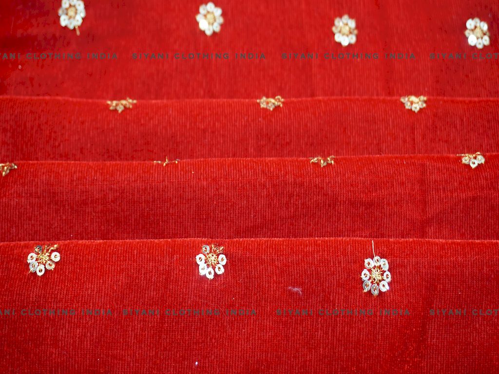 Red Floral Boota Sequins Embroidered Velvet Fabric - Siyani Clothing India