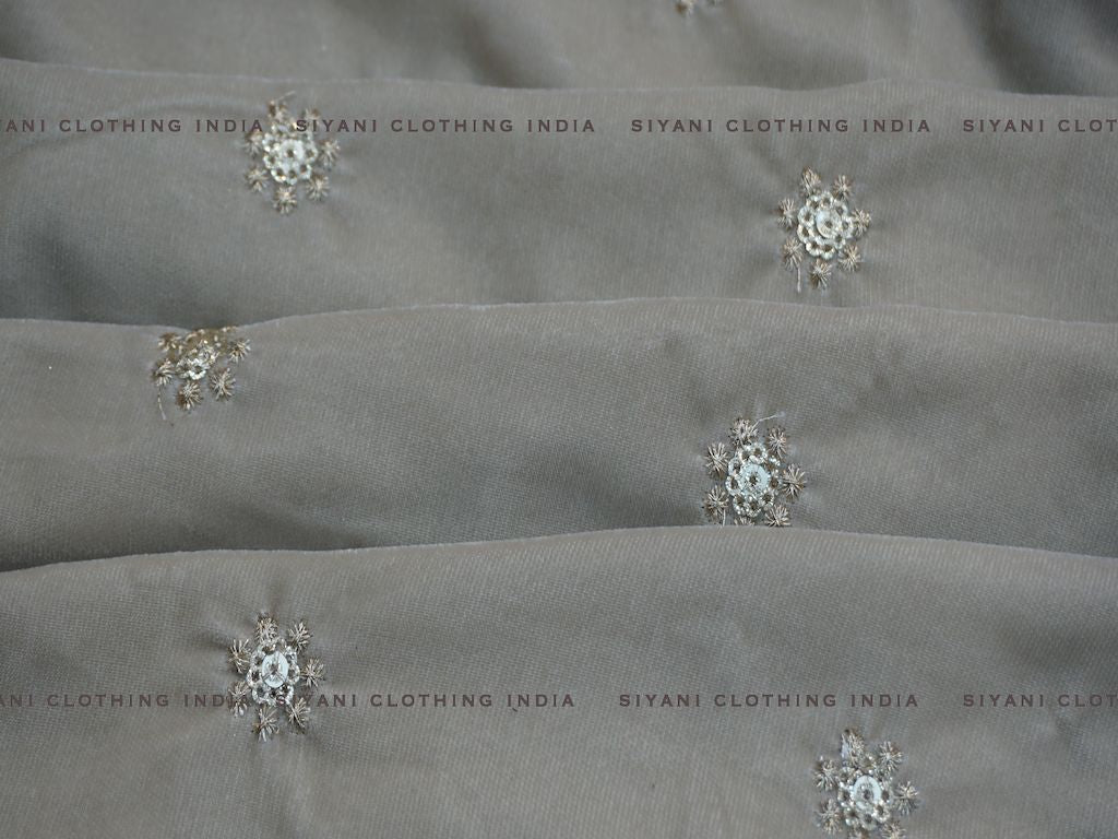 Grey Floral Sequins And Zari Embroidered Velvet Fabric - Siyani Clothing India