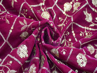 Siyani Magenta Floral Sequins And Zari Embroidered Velvet Fabric