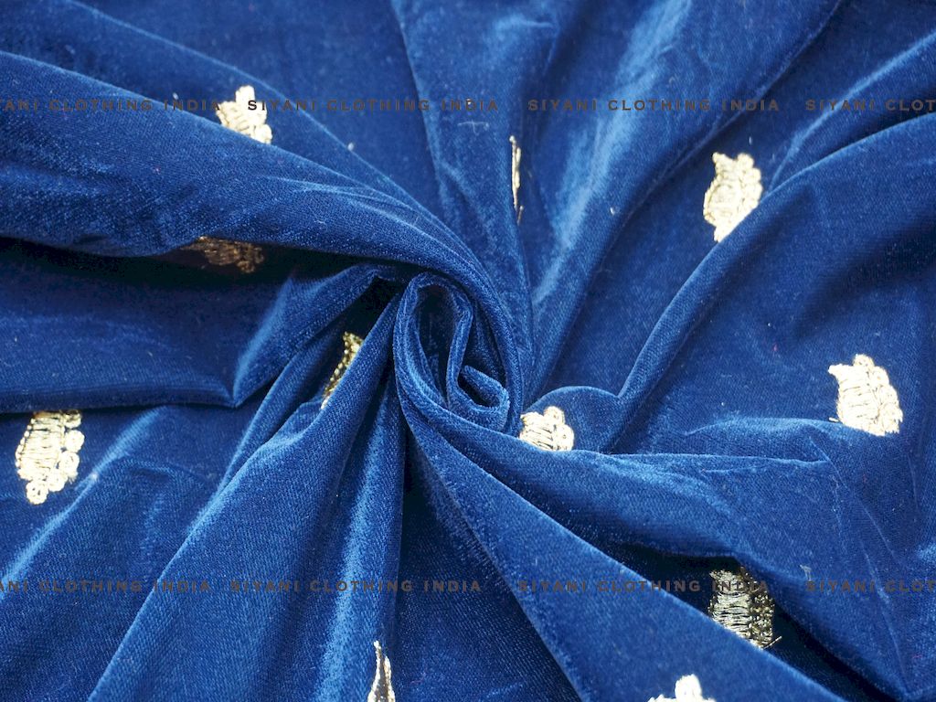 Siyani Royal Blue Zari Embroidered Velvet Fabric
