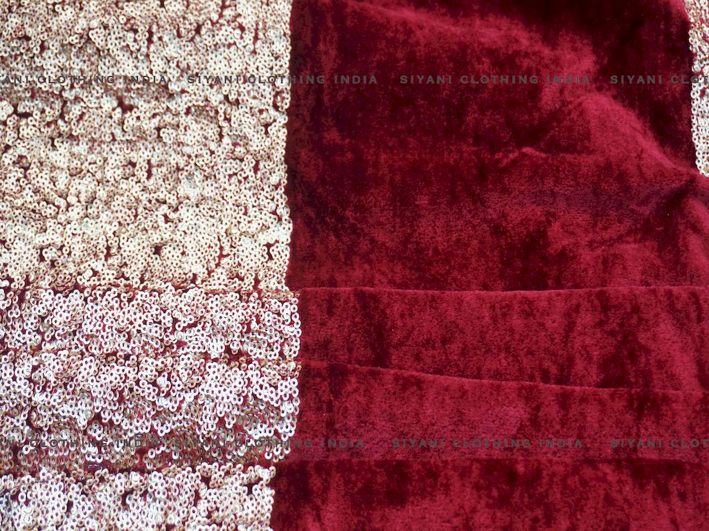 Maroon Golden Sequins Border Embroidered Velvet Fabric - Siyani Clothing India