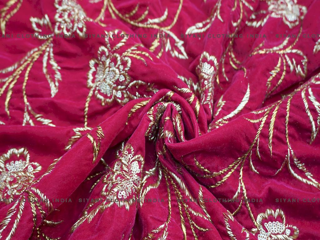 Siyani Hot Pink Zari And Sequins Embroidered Velvet Fabric