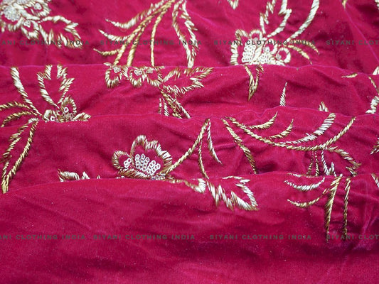 Hot Pink Zari And Sequins Embroidered Velvet Fabric