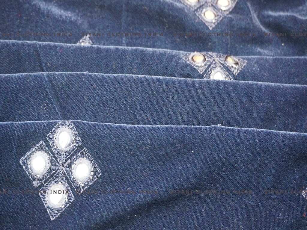 Navy Blue Mirror Embroidered Velvet Fabric - Siyani Clothing India