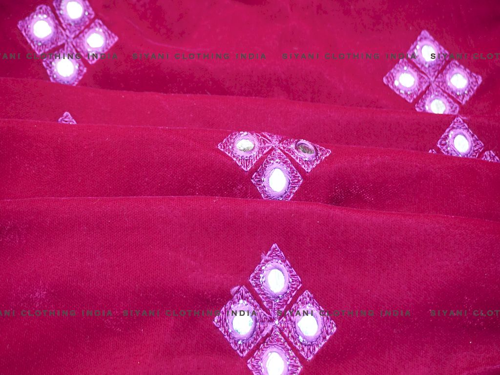 Hot Pink Mirror Embroidered Velvet Fabric - Siyani Clothing India