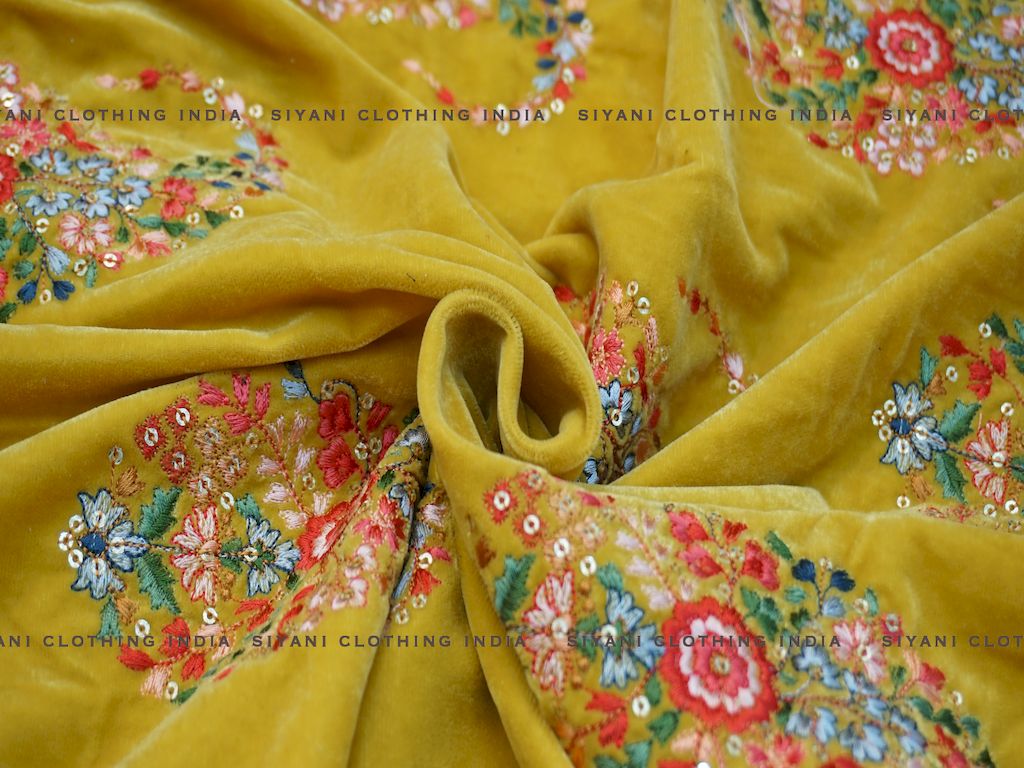 Siyani Mustard Multicolor thread Embroidered Velvet Fabric