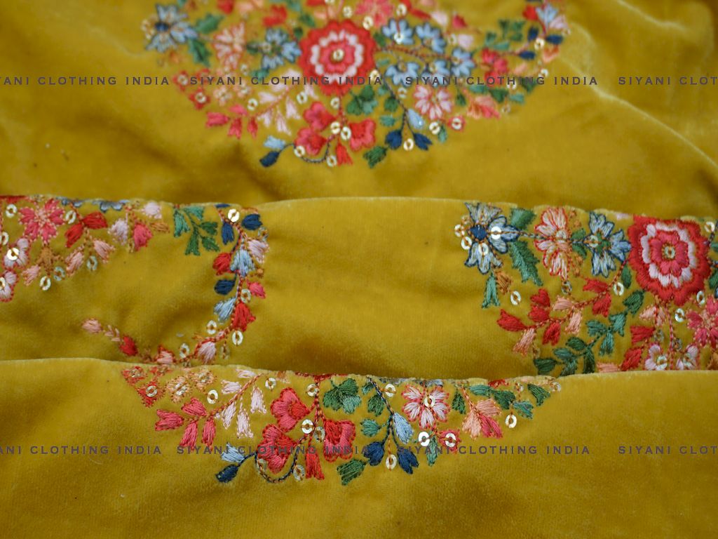 Mustard Multicolor thread Embroidered Velvet Fabric - Siyani Clothing India
