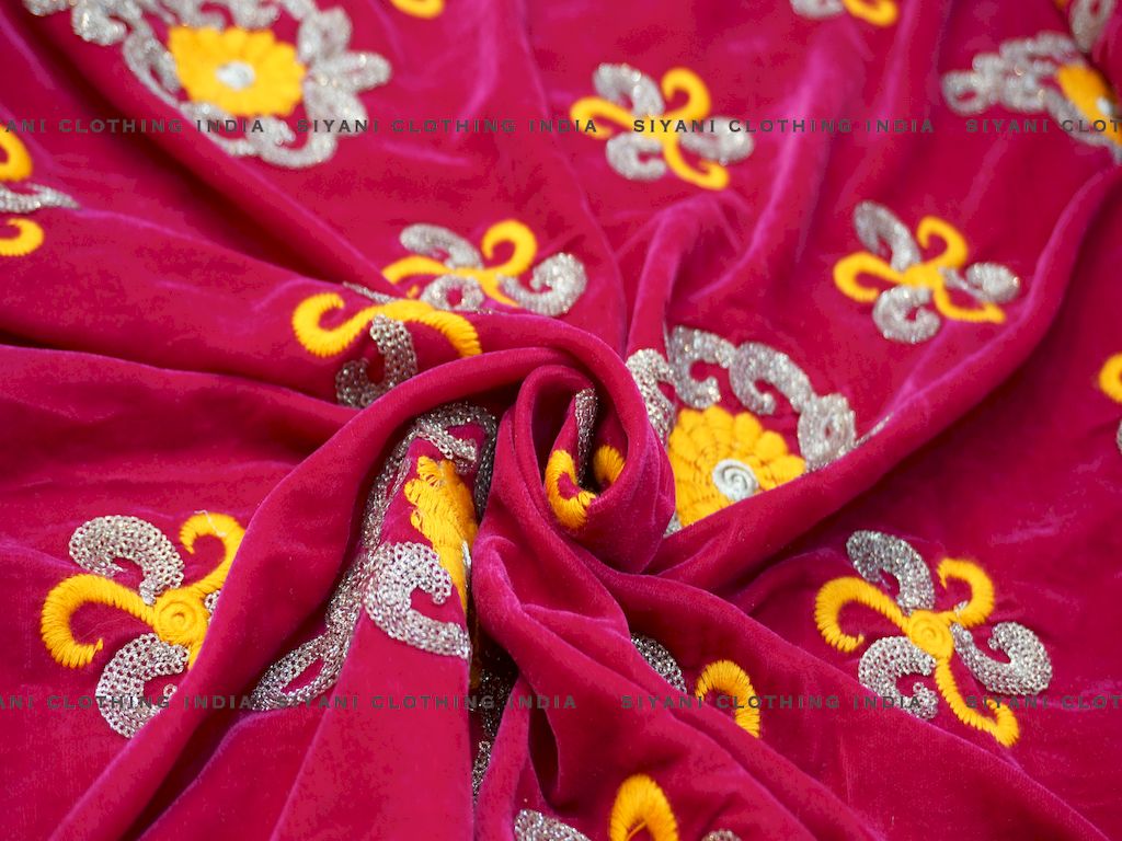 Siyani Hot Pink Zari And Thread Embroidered Velvet Fabric