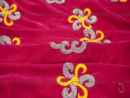 Hot Pink Zari And Thread Embroidered Velvet Fabric - Siyani Clothing India