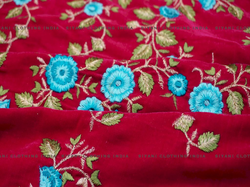 Dark Pink Muticolor Thread Embroidered Velvet Fabric - Siyani Clothing India