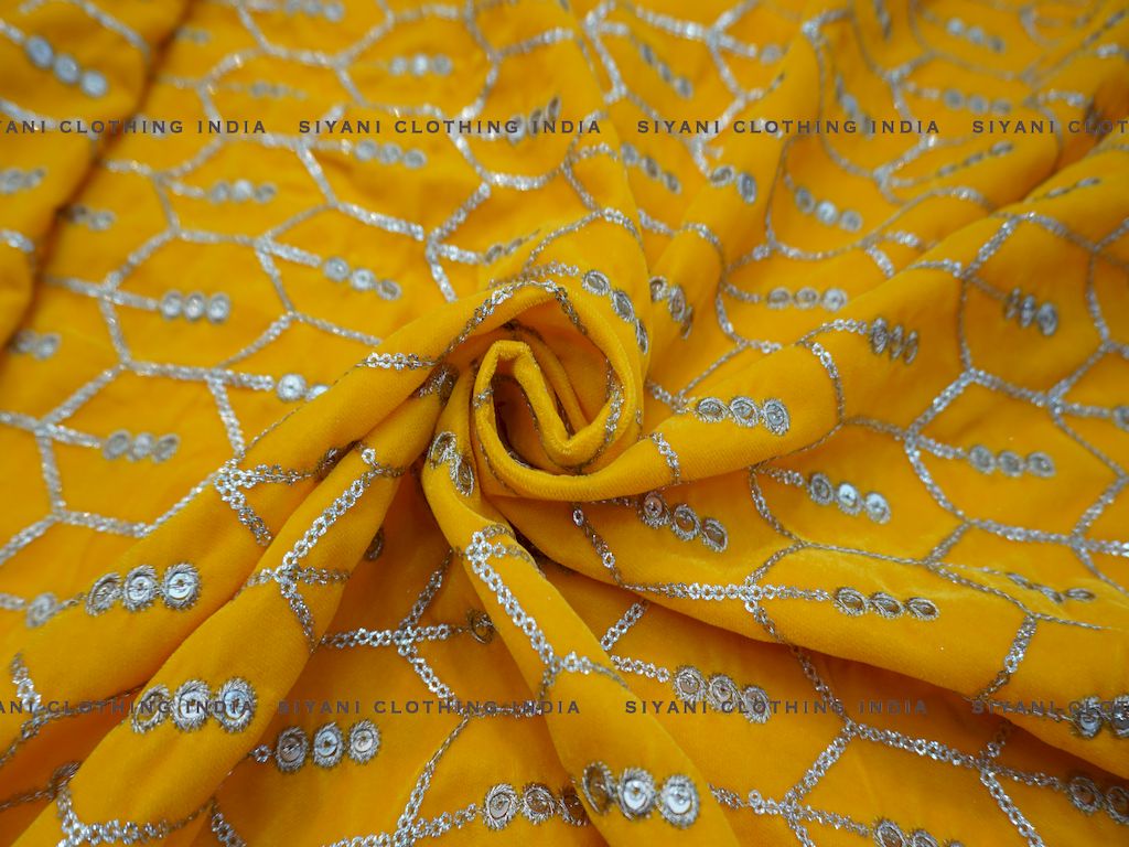 Siyani Mustard Abstract Design Sequins Embroidered Velvet Fabric