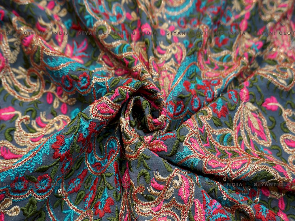 Siyani Gray Multicolor Thread Embroidered Silk Fabric