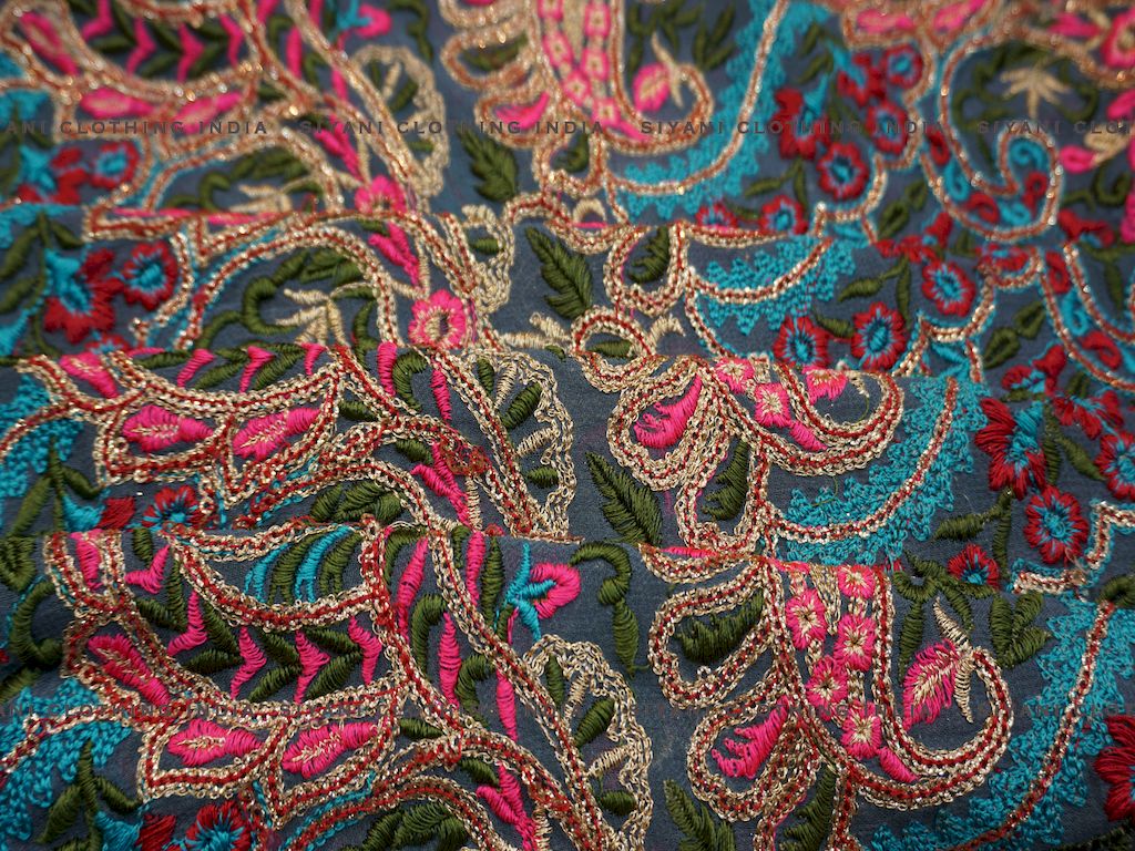 Gray Multicolor Thread Embroidered Silk Fabric - Siyani Clothing India
