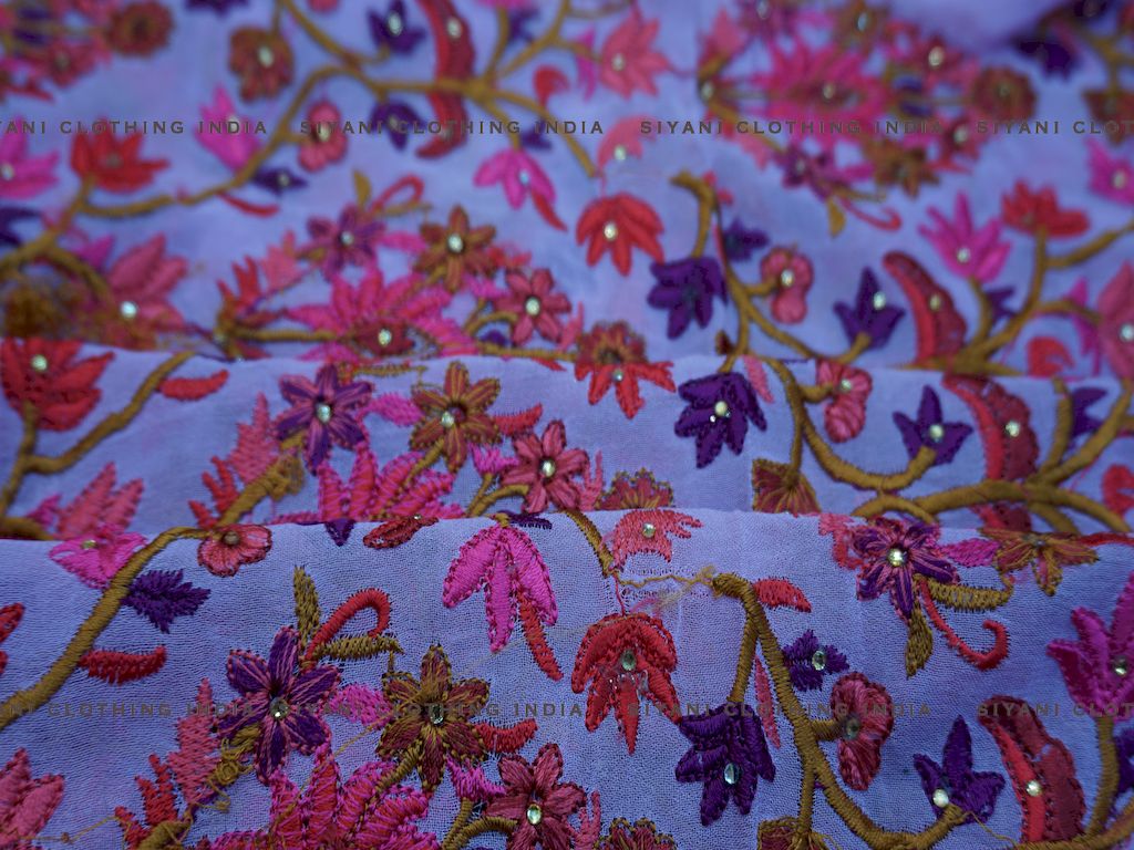 Pastel Multicolor Thread Embroidered Silk Fabric - Siyani Clothing India