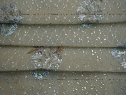 Beige Sequins And Thread Abstract Embroidered Georgette Fabric