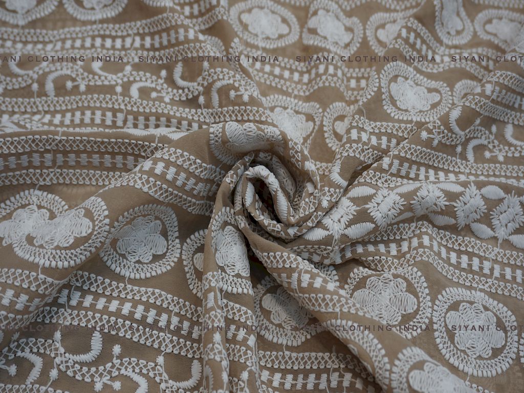 Siyani Beige Floral Thread Embroidered Georgette Fabric
