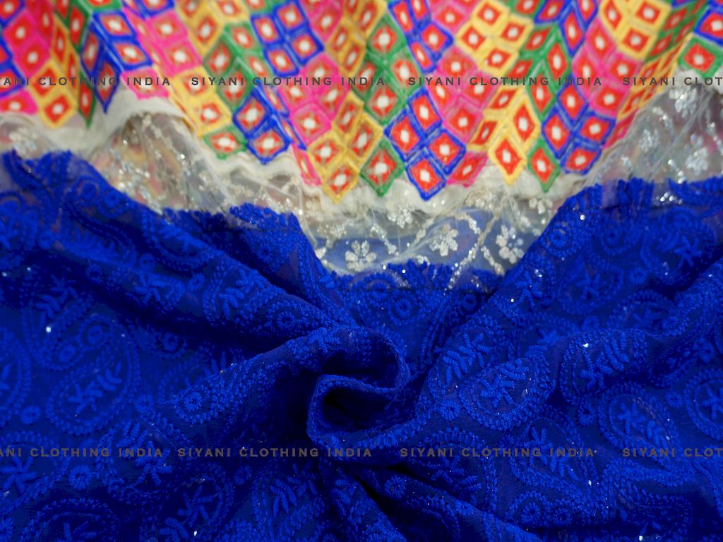 Siyani Royal Blue And White Multicolor Thread Embroidered Georgette Fabric