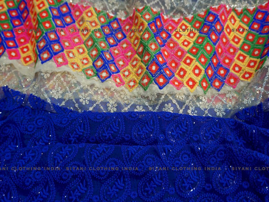 Royal Blue And White Multicolor Thread Embroidered Georgette Fabric