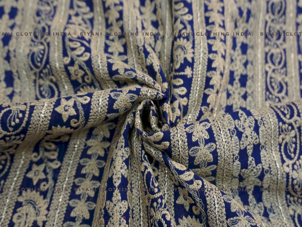 Siyani Royal Blue Thread Embroidered Silk Fabric