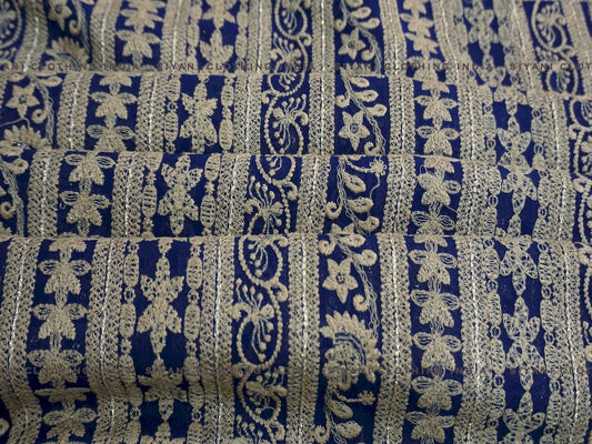 Royal Blue Thread Embroidered Silk Fabric - Siyani Clothing India