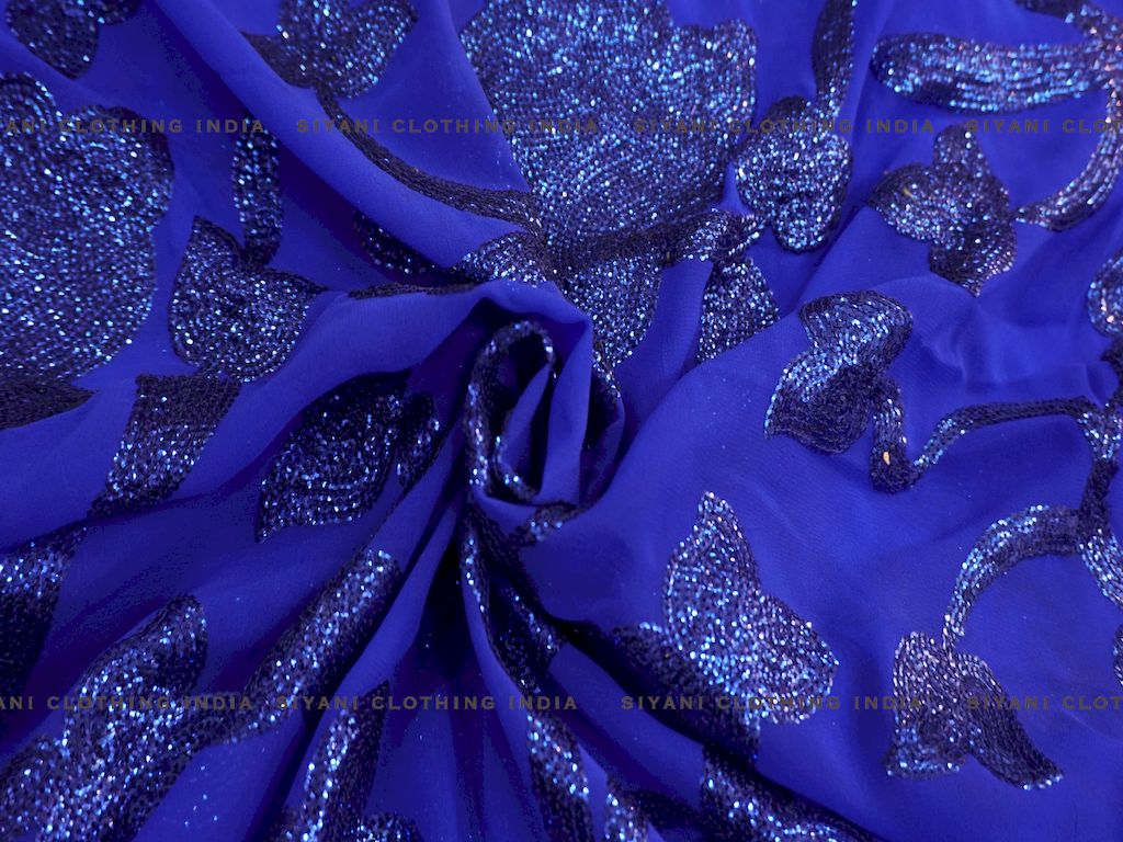 Siyani Royal Blue Floral Sequins Embroidered Georgette Fabric