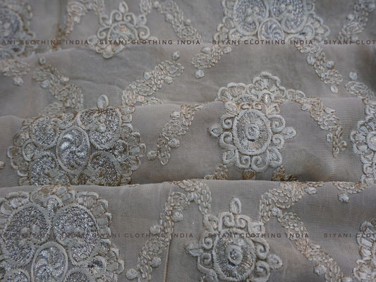 Beige Sequins And Thread Embroidered Georgette Fabric - Siyani Clothing India