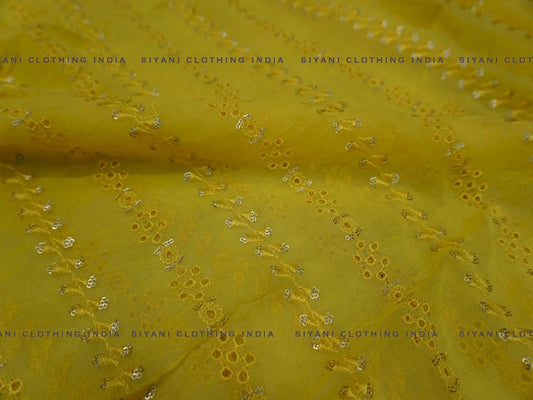 Yellow Sequins And Thread Embroidered Georgette Fabric