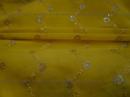 Yellow Zigzag Pattern Sequins And Thread Embroidered Georgette Fabric - Siyani Clothing India