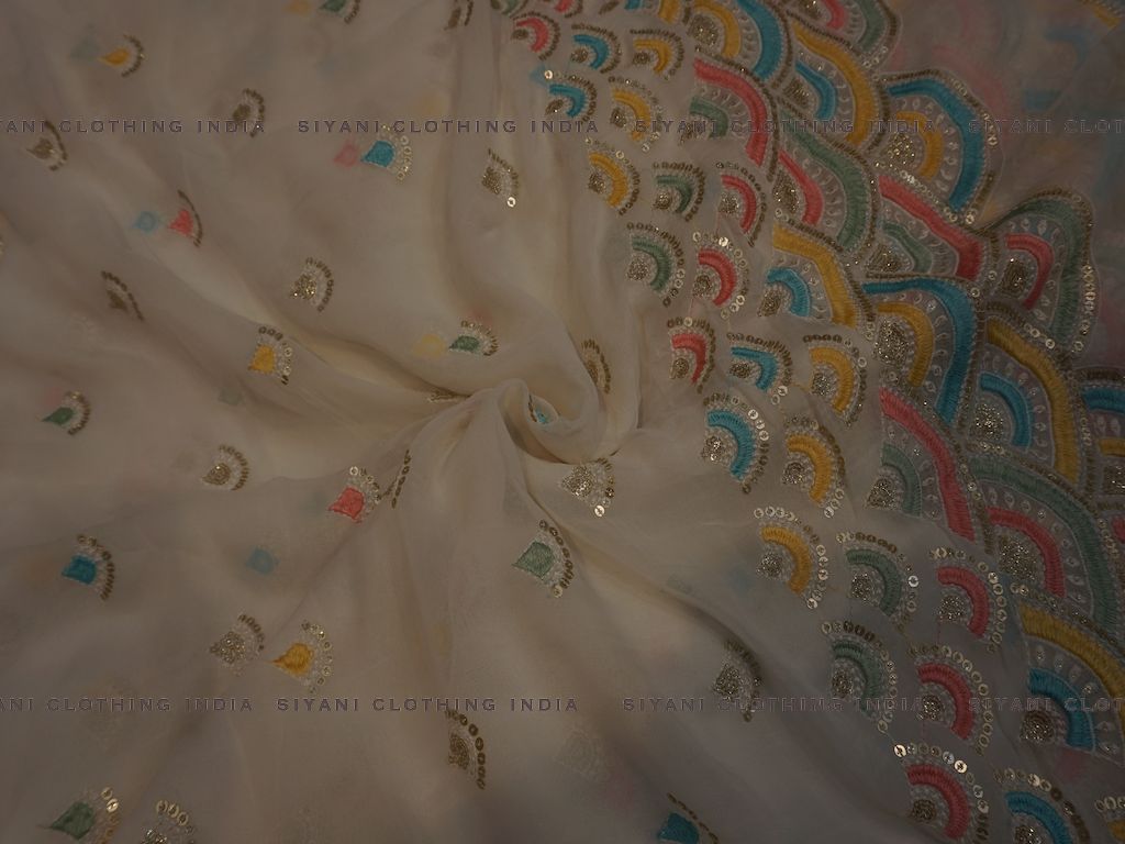 Siyani White Sequins And Thread Embroidered Georgette Fabric