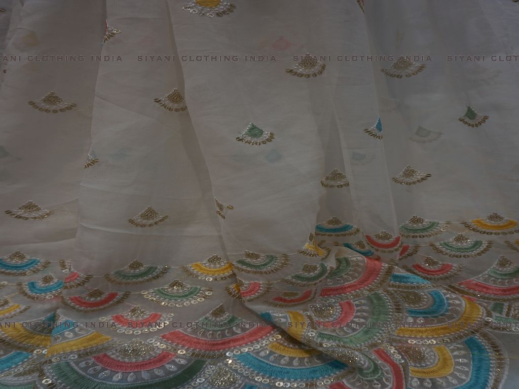 White Sequins And Thread Embroidered Georgette Fabric - Siyani Clothing India