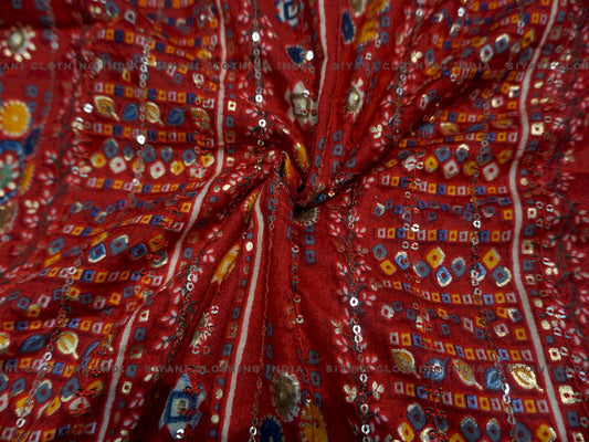 Siyani Red Rajasthani Foil Print Rayon Fabric