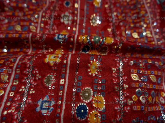 Red Rajasthani Foil Print Rayon Fabric - Siyani Clothing India