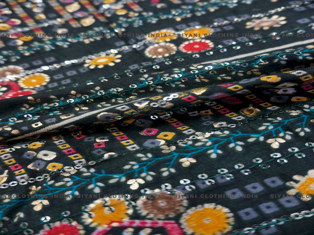 Petrol Green Rajasthani Foil Print Rayon Fabric - Siyani Clothing India