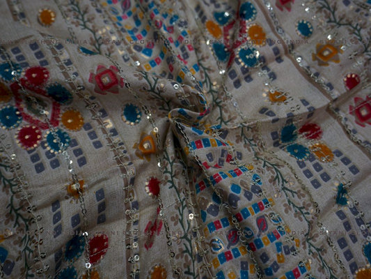 Siyani White Rajasthani Foil Print Rayon Fabric