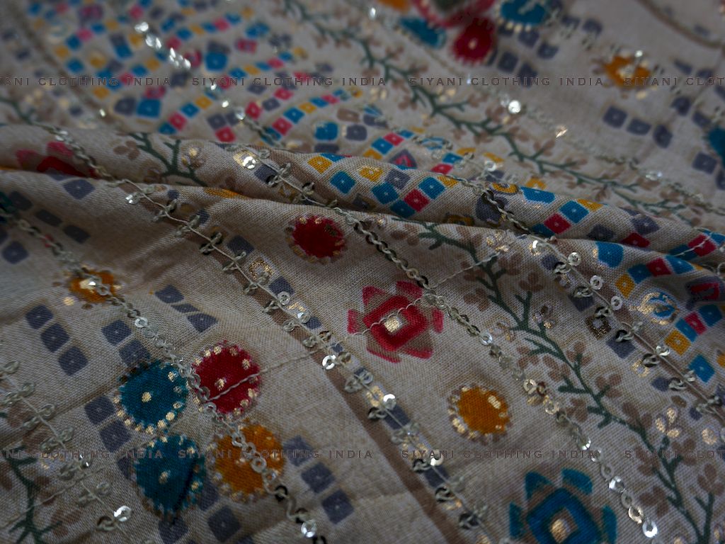White Rajasthani Foil Print Rayon Fabric - Siyani Clothing India