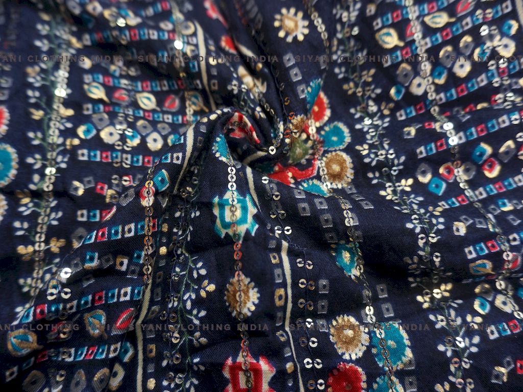 Siyani Blue Rajasthani Foil Print Rayon Fabric