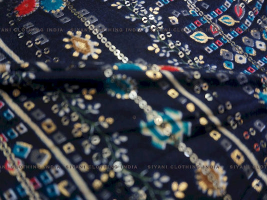 Blue Rajasthani Foil Print Rayon Fabric - Siyani Clothing India