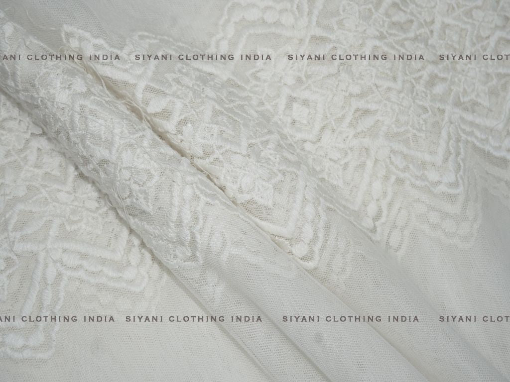 Dyeable White Panel Design Embroidered Net Fabric