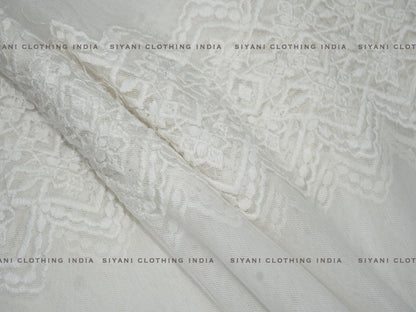 Dyeable White Panel Design Embroidered Net Fabric - Siyani Clothing India