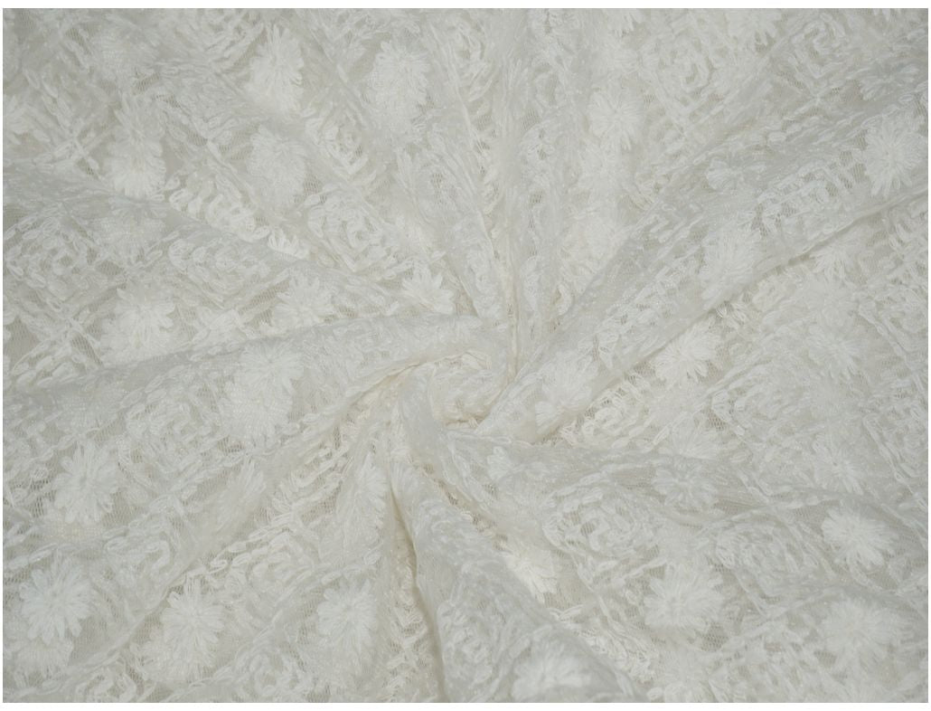 Siyani White Dyeable Floral Abstract Embroidered Net Fabric